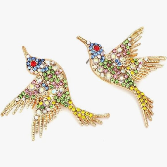 Multicolor Bird Rhinestone Earrings Gold Hummingbird CZ Pave Crystal Birds Posts - Picture 4 of 13